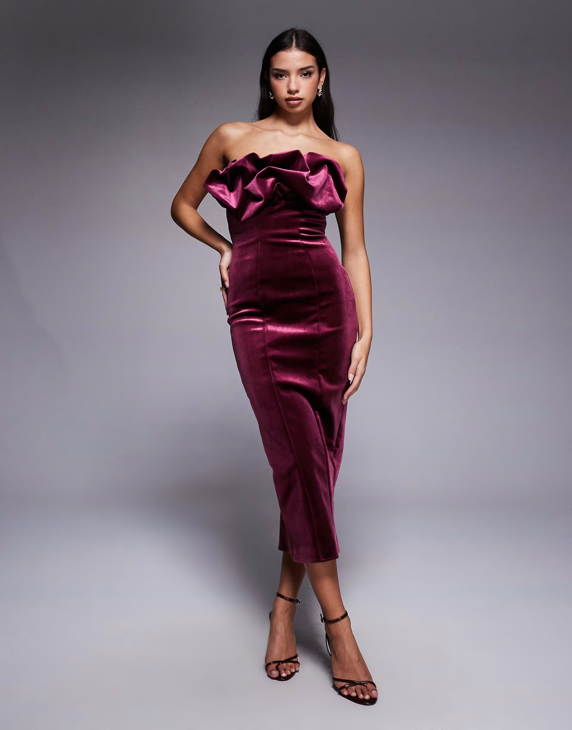 ASOS DESIGN bonded velvet bandeau structured midi dress with ruffle bodice detail in burgundy | ASOS (Global)