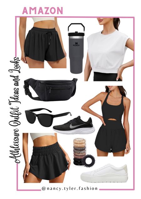 Amazon athleisure looks and outfit ideas. These all come in a wide variety of colors besides just black or white! Workout crop top, one-piece athleisure fit, athletic shorts, athletic skorts, bum bag, crossbody bag, Nike workout shoes, Nike running shoes, white sneakers, white tennis shoes, neutral white sneakers, comfy white sneakers, white walking shoes, white walking sneakers, affordable black sunglasses, Stanley 30 oz tumbler, Stanley workout tumbler, black bum bag, black fanny pack, black belt bag, cute athleisure, affordable athleisure 

#LTKFitness #LTKFindsUnder50 #LTKActive