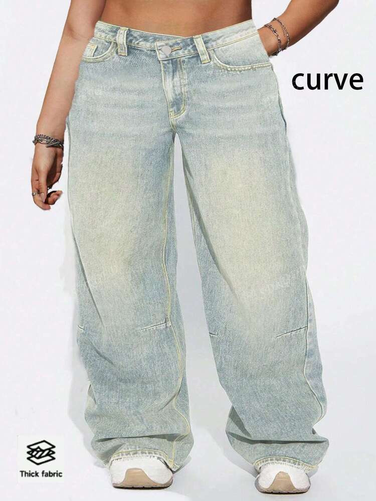 Cross-Border European And American Street Fashion Four Seasons Retro Fashion Simple Casual Loose Asymmetric Waist Mid-Waist Waist Elastic Plus Size Women's Denim Straight Pants | SHEIN