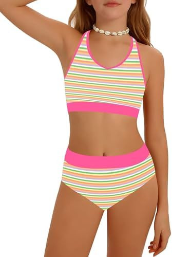 Girls Swimsuit Color-Block High Waist Sporty Sets Girls Two Piece Bathing Suit with Chest Pad Swi... | Amazon (US)