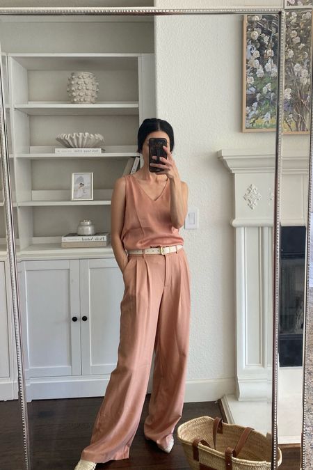 Monochromatic look for the office:
1. Wide leg trousers. These fit so well. I do need to get mine hemmed a bit though. I’m wearing a size 0.
2. V neck camisole. Wearing an Xs. I love that you can wear a normal bra with this cut and not see the straps. 
3. Ivory belt. Wearing an xxs. 

Dusty rose camisole 
Spring office outfit 
Chic workwear 

#LTKover40 #LTKSeasonal #LTKworkwear