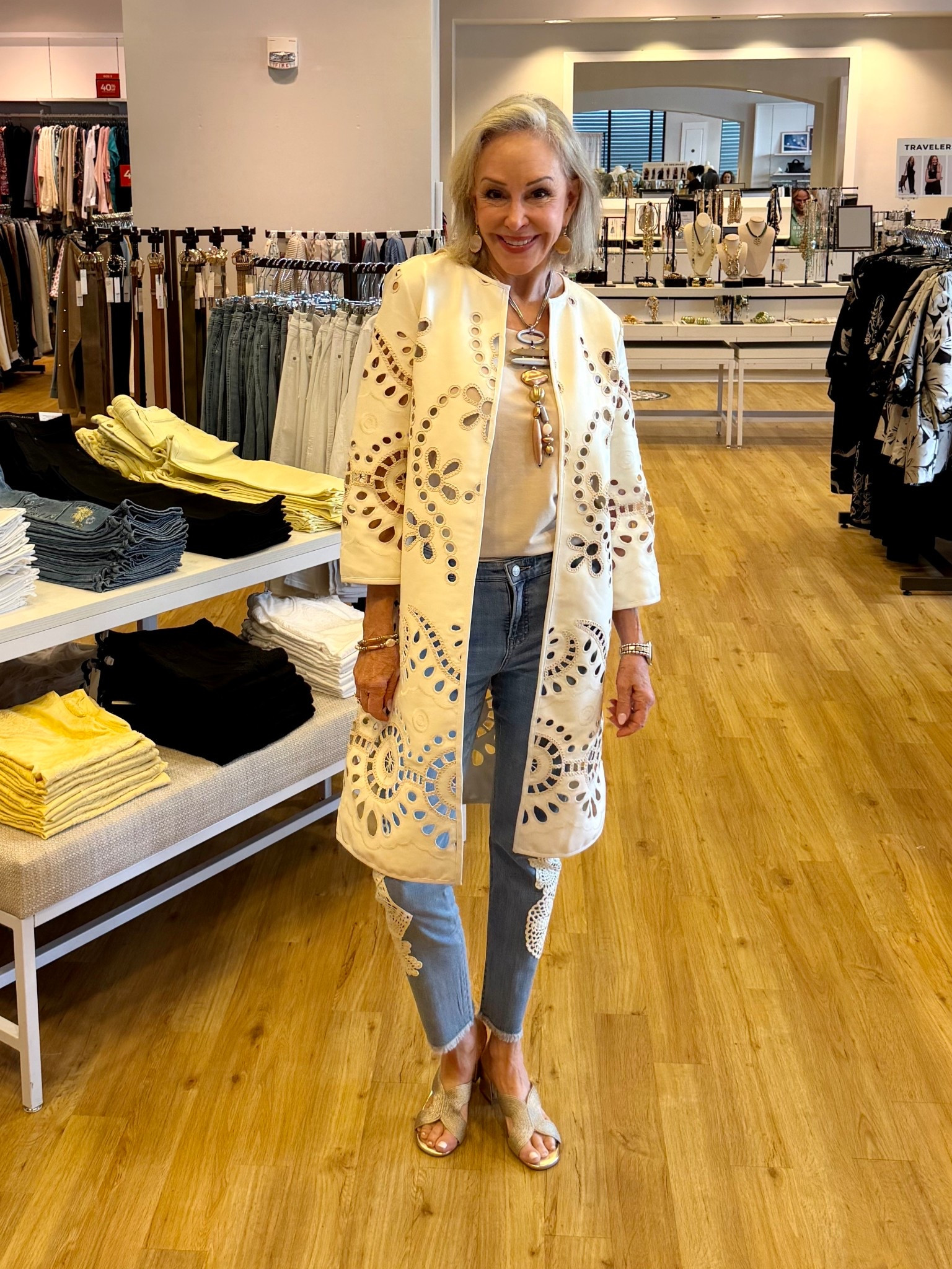 Long faux leather kimono. Expertly crafted with crochet cutwork, faux leather fabrication, plush lining, and an ultra-luxurious length. The perfect topper for anything from bringing casual wear to the next level or elevating elegant evening wear.
Girlfriend slim crochet fray crop jeans
Made with medium wash denim, crochet embroidery, and frayed edges. These elevated girlfriend jeans are cut for a slim silhouette and bring an eye-catching style with beautiful crochet embroidery from knee to ankle. Featuring a tummy slimming interior that lifts and shapes your figure, courtesy of Chico's proprietary So Slimming® technology. 

#LTKOver40 #LTKootd #LTKTravel