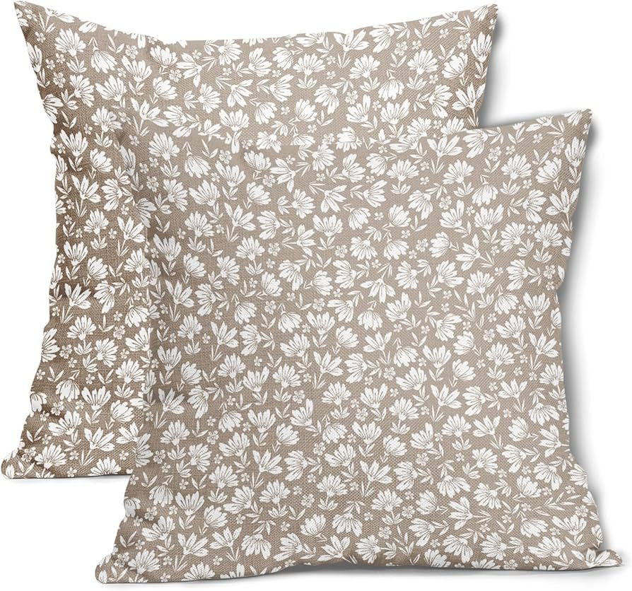 Tan Khaki Beige Daisy Floral Pillow Covers 20X20 Inch Vintage Flowers Decorative Pillow Cases Set... | Amazon (US)