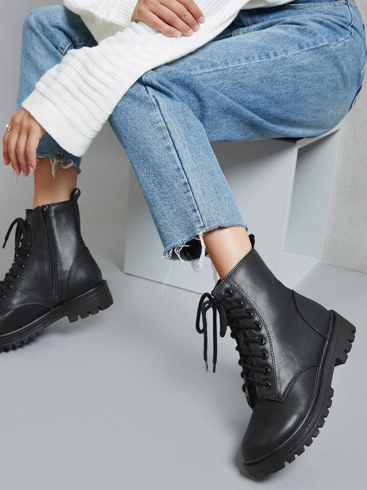 Faux Leather Laced Combat Boots | SHEIN