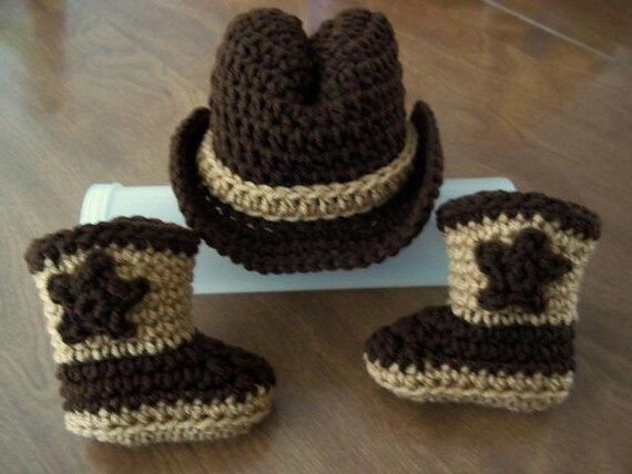 Crocheted COWBOY baby Hat & Boots, FREE SHIP coffee brown Newborn to 3 months Photo Prop Custom b... | Etsy (US)