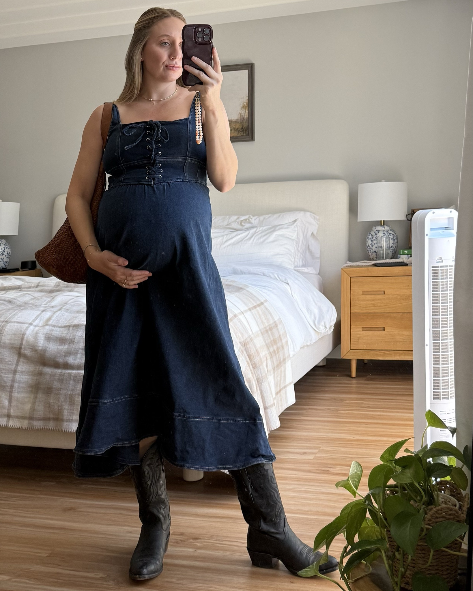 Pumpkin patch day 🧡 This Moon River denim midi (TJ Maxx find!) has just enough stretch to fit the bump perfectly 🤰🏼 Paired it with black cowboy boots for a comfy, fall-ready look 🎃 #LTKFallStyle #BumpStyle

#LTKSeasonal #LTKBump #LTKFindsUnder50