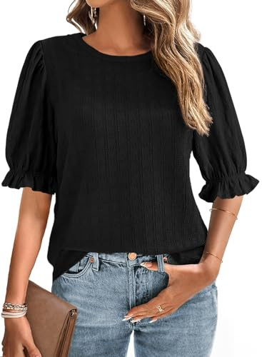BLENCOT Tops for Women Trendy Summer Casual Balloon Half Short Sleeve Basic Textured Solid Color ... | Amazon (US)