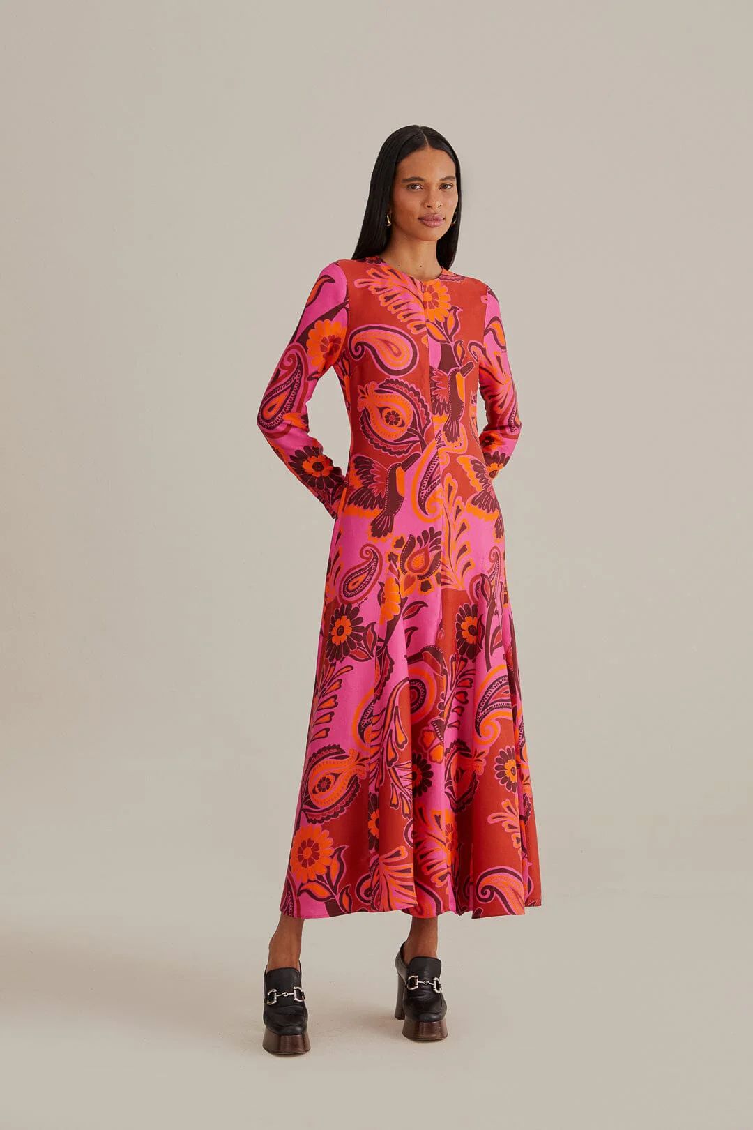 pink bold floral long sleeve maxi dress | FarmRio