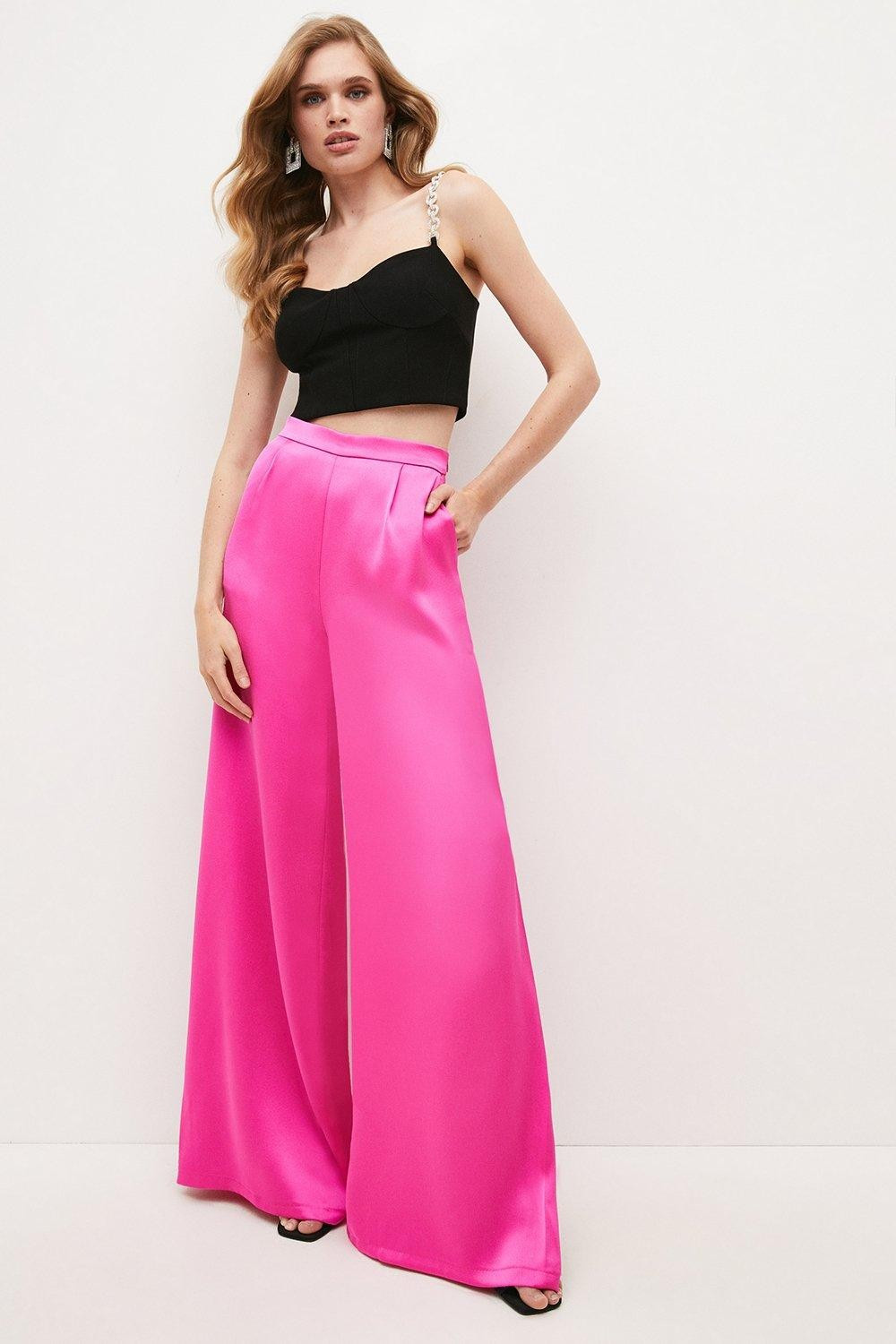 Woven Satin Wide Leg Trouser | Karen Millen US