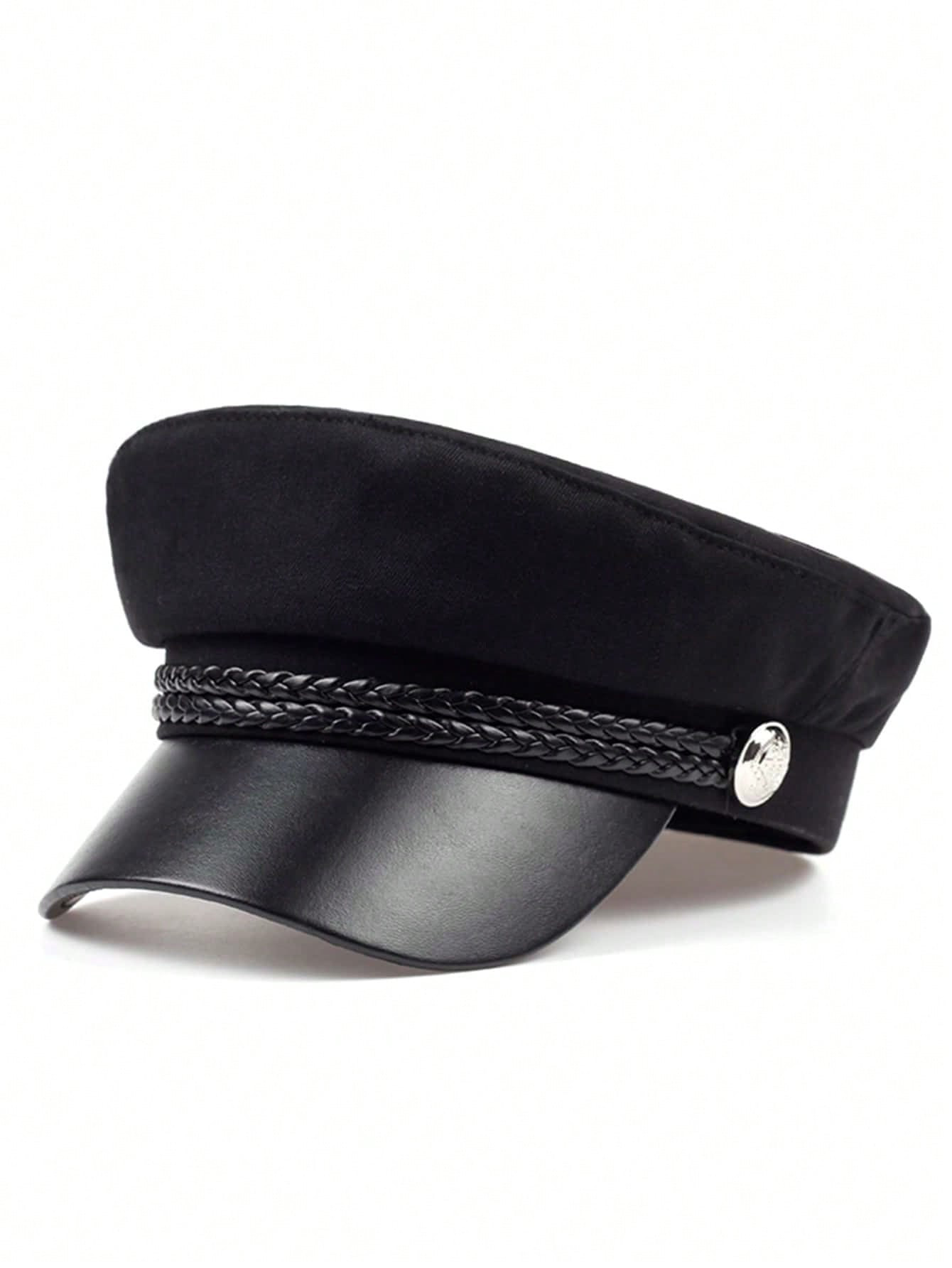 1pc Women's Black Pu Leather Beret Cap With Navy Design, Suitable For Street, Business, Party, Ou... | SHEIN