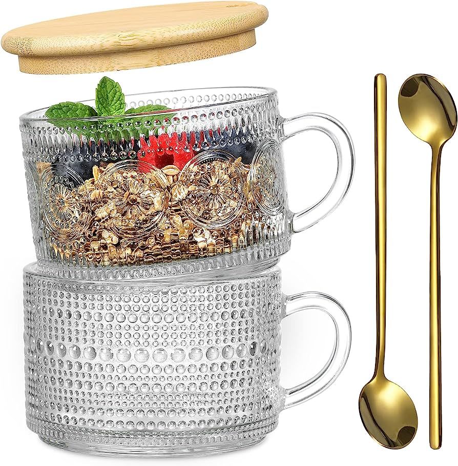 Vintage Coffee Mugs, Overnight Oats Containers with Bamboo Lids and Spoons - 14oz Clear Embossed ... | Amazon (US)