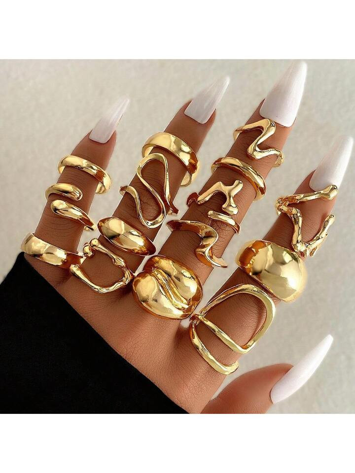 15pcs/Set Geometric Alloy Rings, Asymmetrical Hollow Decor, Women Simple Casual Or Festival Wear Finger Rings | SHEIN