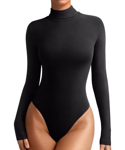 REORIA Womens Turtleneck Long Sleeve Tight Shirts Basic Tummy Control Bodysuit Thermal Underwear Tops Fall Clothes Black Onyx Medium | Amazon (US)