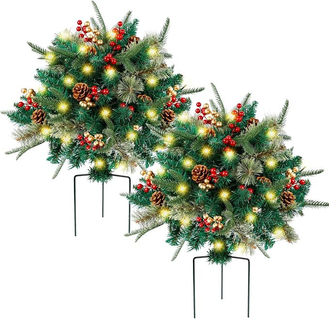 Lighted Artificial Christmas Urn Filler, Pre-lit Xmas Pine Trees with Cones, Golden & Red Berries... | Amazon (US)