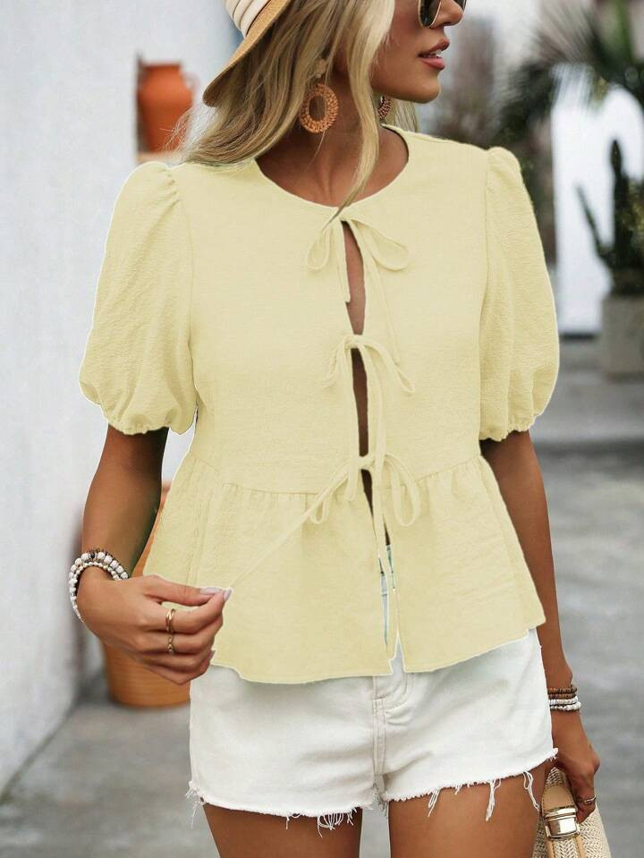 SHEIN LUNE Women's Vacation/Leisure Solid Color Puff Sleeve Tie-Up Shirt | SHEIN