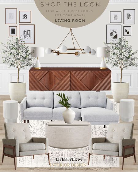 Transitional Living Room Design Ideas. Round light wood coffee table, round stone end table, grey upholstered chair, vintage rug, ceramic table vase, grey white sectional sofa, wood media console table, white tree planter pot, realistic faux fake tree, white table lamp, gallery wall art, round modern chandelier.

#LTKhome #LTKstyletip #LTKFind