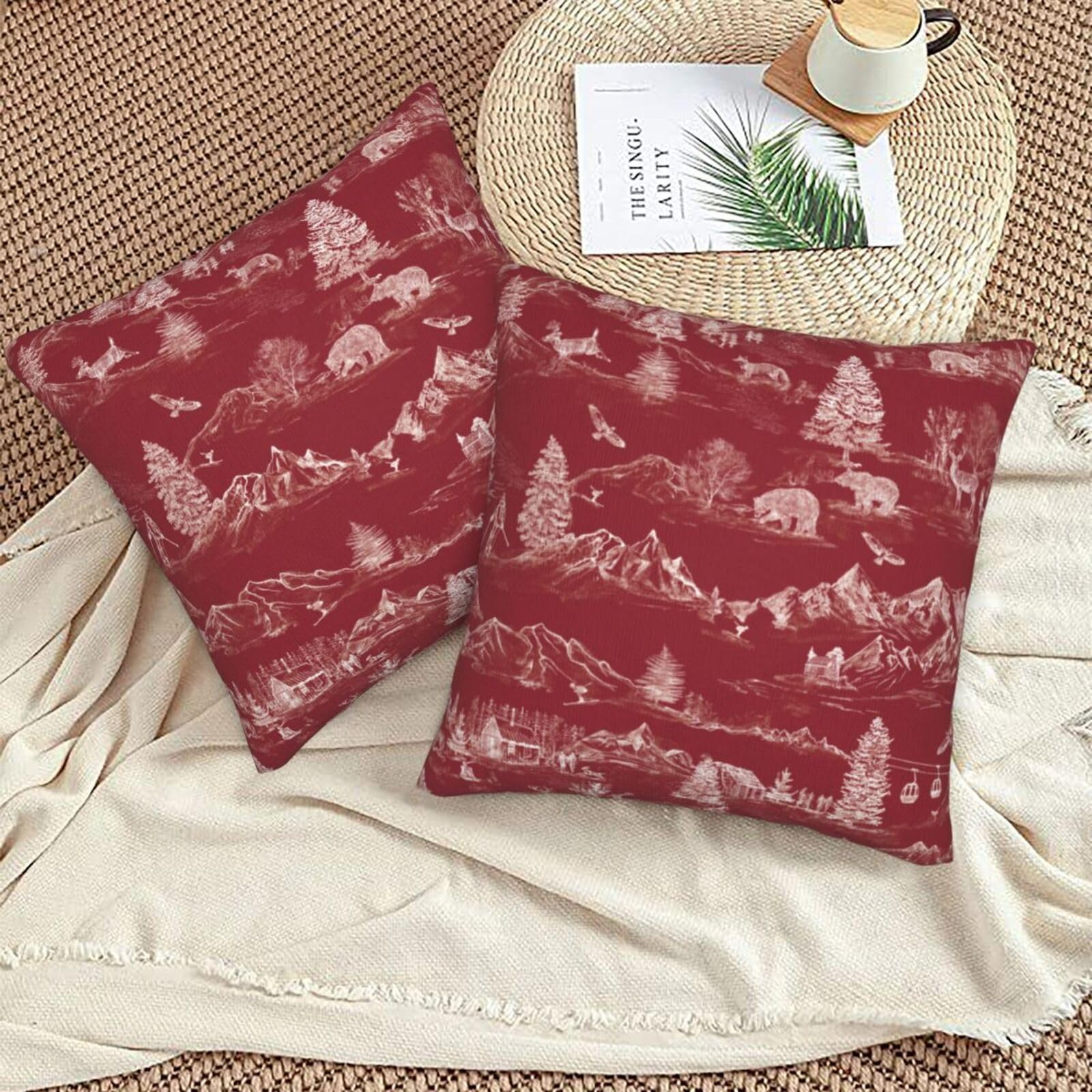 HOSTECCO Red Toile Throw Pillow Covers 18x18 inch Set of 2 Xmas Winter Pillow Cases Christmas Hol... | Amazon (US)