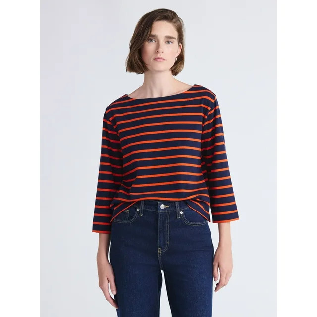 Free Assembly Women's and Women's Plus Striped Cotton Boatneck Tee with 3/4-Length Sleeves, Sizes... | Walmart (US)