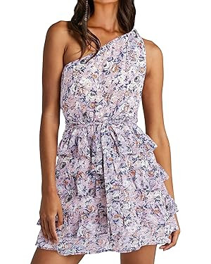BTFBM 2023 Women One Shoulder Casual Summer Dresses Floral Boho High Waist Beach Ruffle Tiered A ... | Amazon (US)