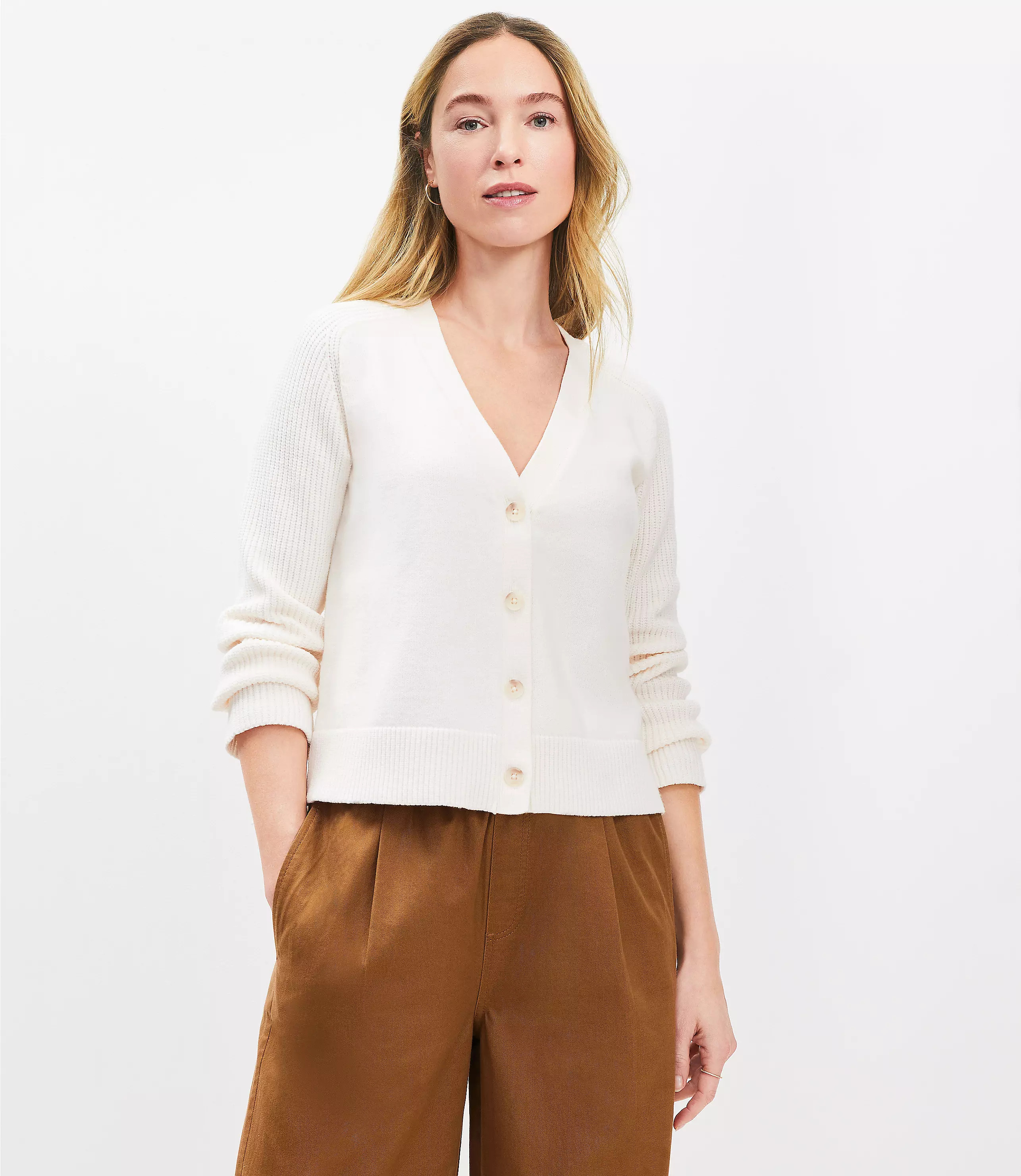 Ribbed Saddle Sleeve V-Neck Cardigan | LOFT