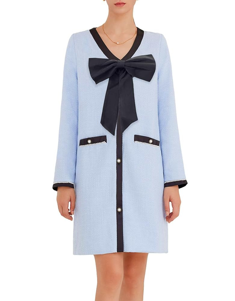 Women's Tweed Bow Mini Dress Long Sleeve V Neck Button Down Dress Elegant Business Work Dress | Amazon (US)