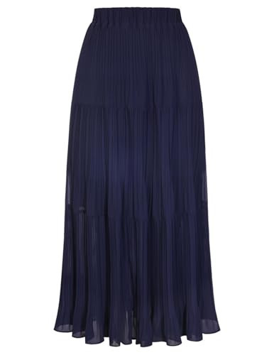Kate Kasin Women's Chiffon Long Skirt, Pleated High Waist Maxi Skirts, Summer Tiered A Line Flowy Skirts Navy Blue | Amazon (US)