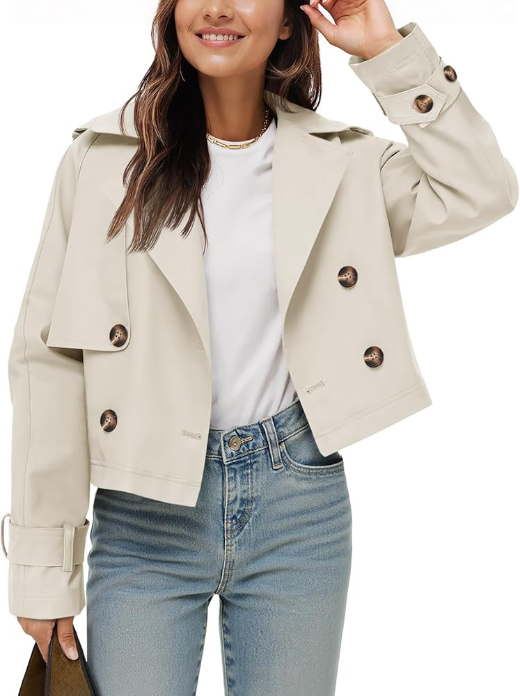 Tankaneo Womens Cropped Trench Coat Lapel Double Breasted Short Jacket Outwear | Amazon (US)