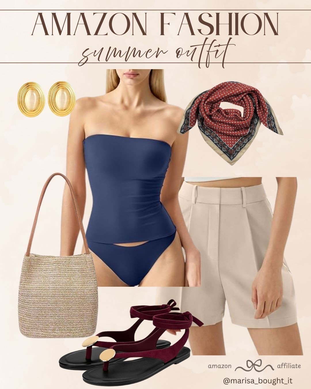 I am completely in love with this chic navy strapless swimsuit look for summer! 🌊

I styled it with tailored beige shorts, dark red ankle-wrap sandals, a patterned neck scarf, and a woven tote bag for the perfect effortless beach-to-lunch outfit vibe.

Shop these amazing budget-friendly Amazon fashion finds now. ✨

 #AmazonFashion #SummerOOTD #SwimwearStyle #BeachOutfit #SummerShorts #AmazonFinds

#LTKootd #LTKSeasonal
