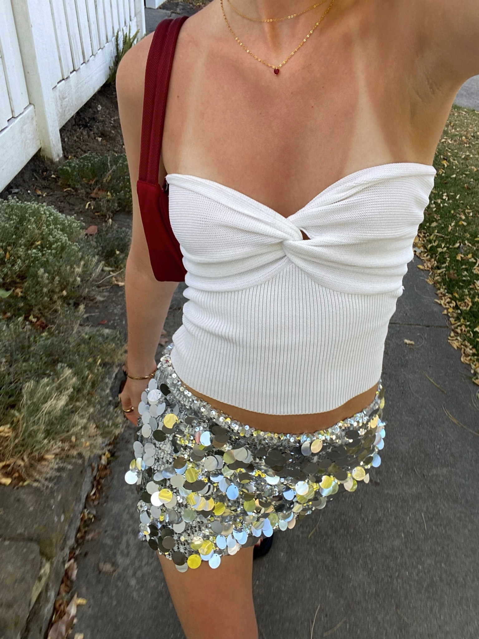 Concert outfit, dissh strapless top, sequin silver skirt, prada red nylon bag,  festival outfit inspo, Pinterest outfit inspo, spring style, summer fashion, 2023 outfit inspiration, minimal style, effortless chic, virtual style, party outfit

#LTKaustralia #LTKFind #LTKFestival