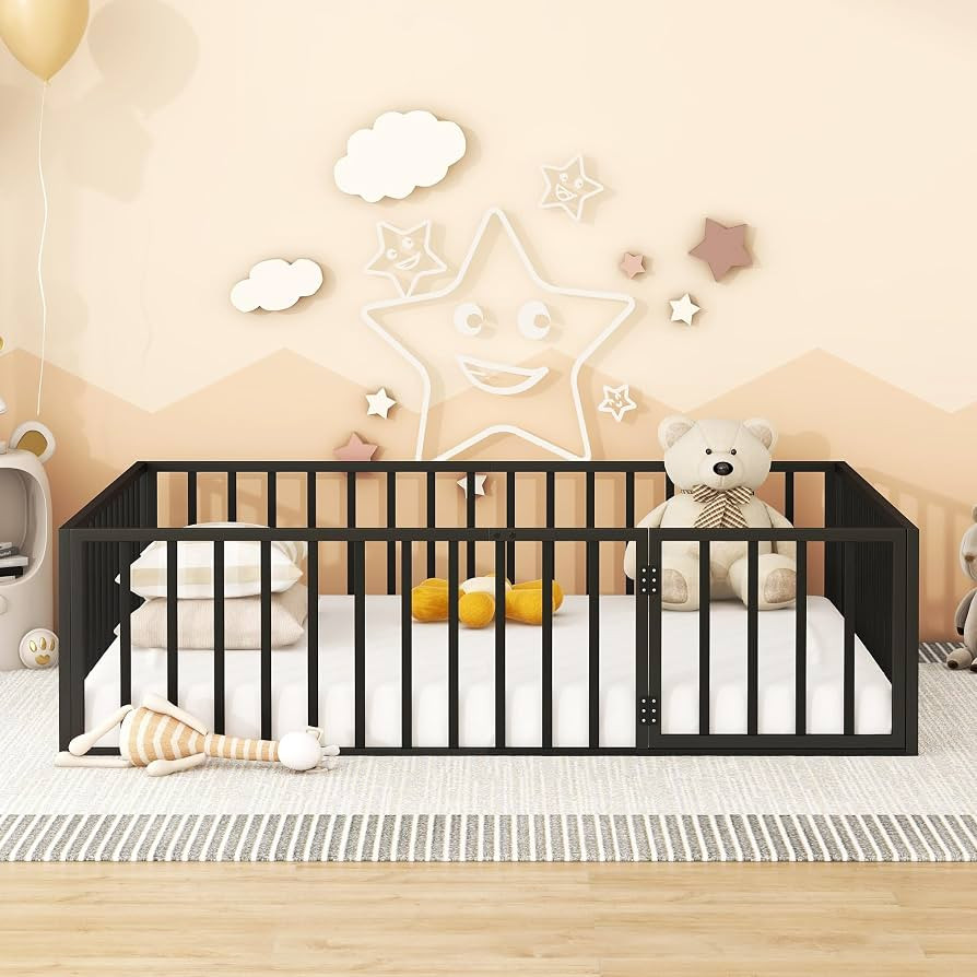 Queen Size Floor Bed Frame for Kids, Metal Montessori Floor Bed with Rails and Door, Queen Size B... | Amazon (US)