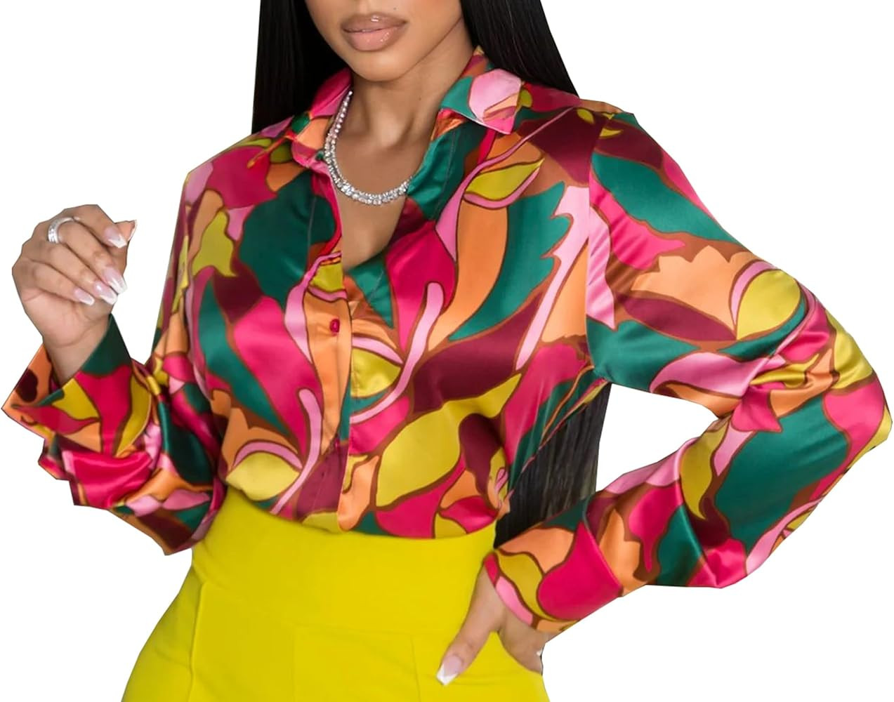 Buchona Outfits for Women Collar Blouses Button Down Shirts Colorful Long Sleeve Floral Print Top... | Amazon (US)
