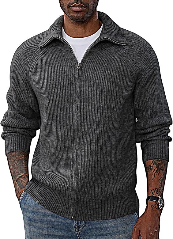 PJ PAUL JONES Men's Full Zip Cardigan Sweaters Unisex Lapel Collar Raglan Sleeve Casual Ribbed Sw... | Amazon (US)