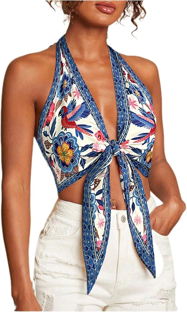 Floerns Women's Summer Floral Halter Tops Tie Front Backless Beach Vacation Crop Tops | Amazon (US)