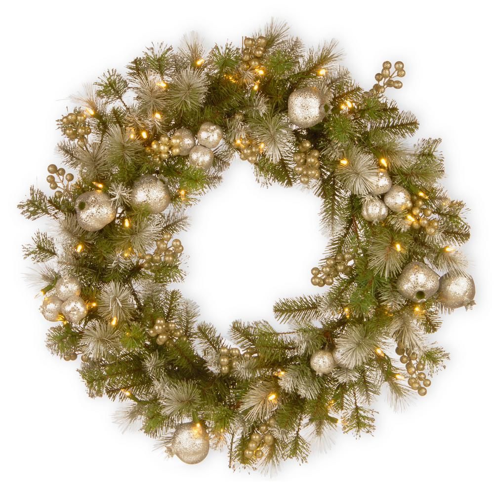 National Tree Company 24 in. Battery Operated Glittery Pomegranate Pine Wreath with LED Lights-GT... | The Home Depot
