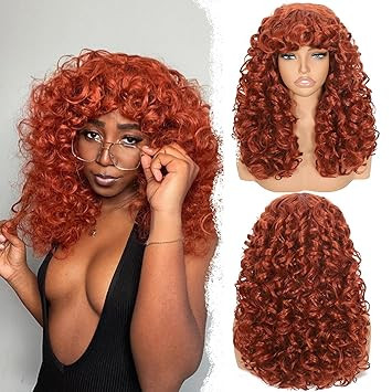 Curly Afro Wig for Black Women Curly Wigs with Bangs 18 Inch Long Curly Afro Synthetic Wig for Co... | Amazon (US)