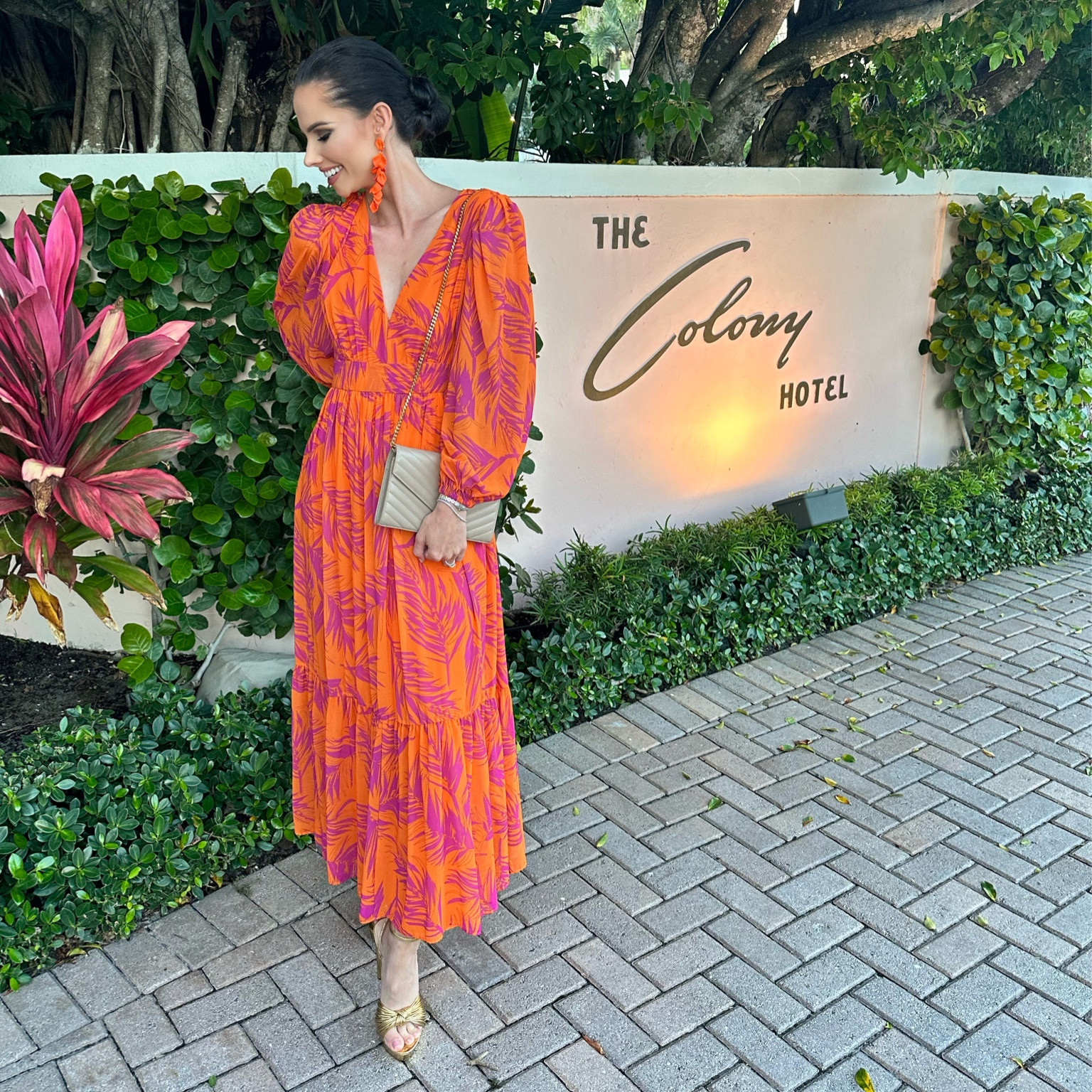 Vacation maxi dress for a night out in Palm Beach! 

Vacation outfit. Vacation dress. Maxi dress. Gold heels. Gold sandals. Orange. Pink. 

#LTKtravel #LTKshoecrush #LTKstyletip