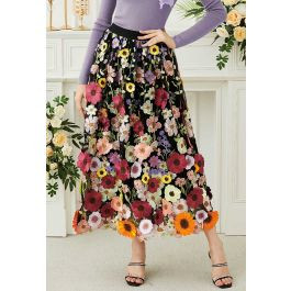 3D Floral Applique Mesh Tulle Maxi Skirt in Black | Chicwish