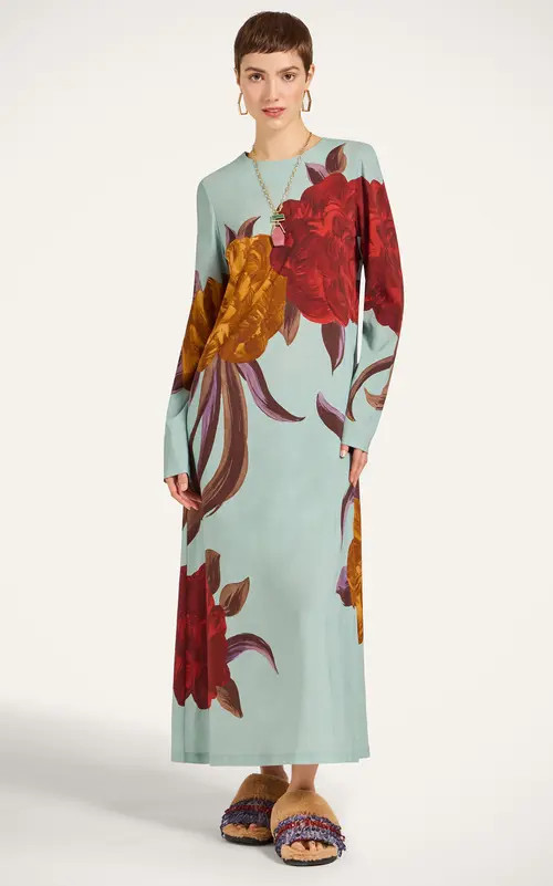 La DoubleJ Long Sleeve Swing Dress in Peony Placée Light Blue at Nordstrom, Size Large | Nordstrom