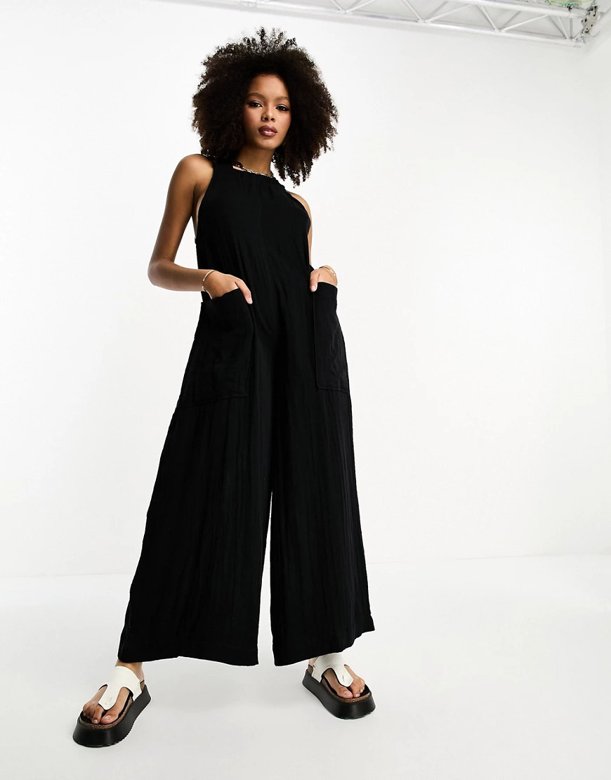 ASOS DESIGN minimal crinkle overalls jumpsuit in black | ASOS (Global)