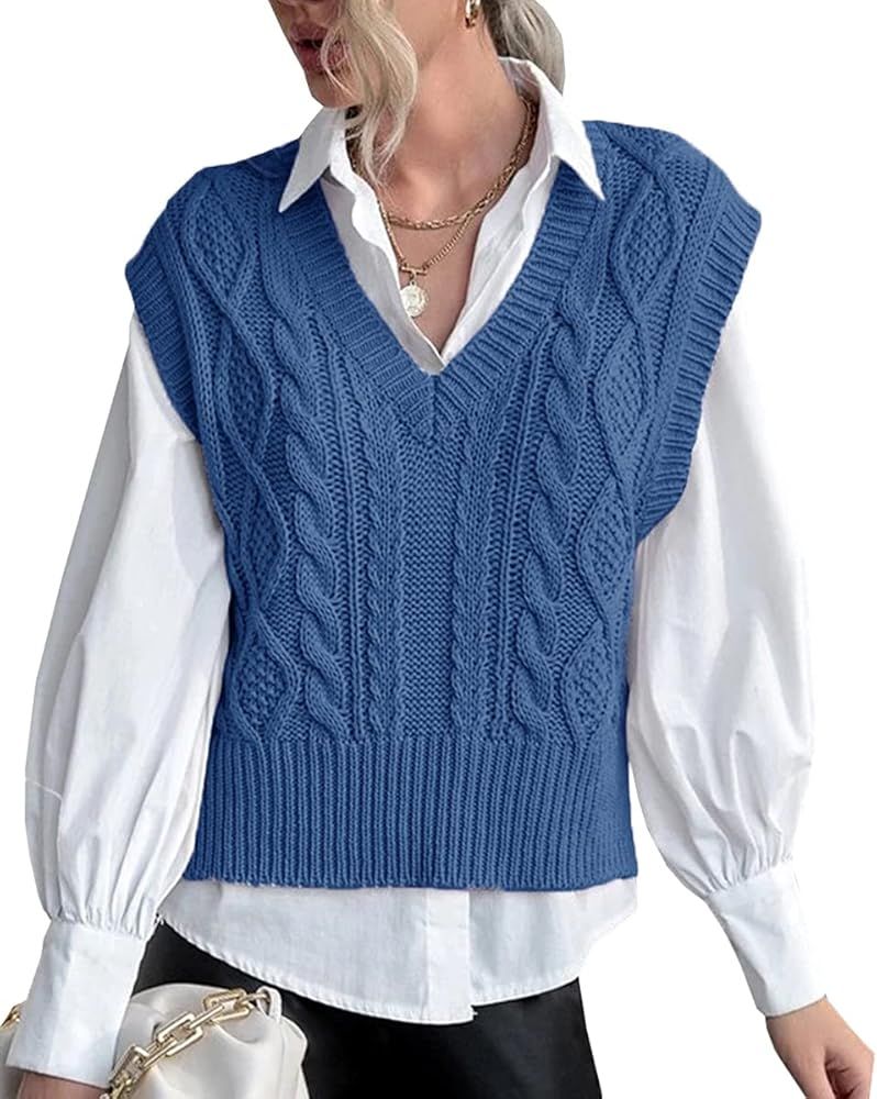 Sweater Vest for Women V Neck Sleeveless Knit Solid Casual Ribbed Preppy Pullover Tops | Amazon (US)