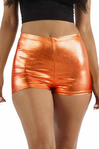 Metallic Booty Shorts Sparkly Short Shorts - Shiny Sexy Hotpants for Rave Dance Disco Party Costume Orange X-Small | Amazon (US)