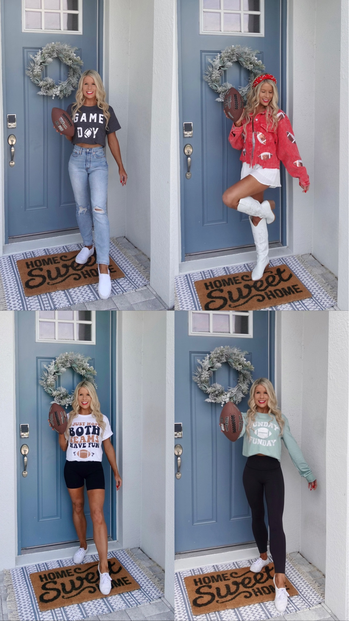 Game Day Outfits 🏈✨

No matter which type of girlie on game day you are, there's a cute outfit you can wear for football season!

For the first game day outfit, I styled a casual look by pairing a "Game Day" tee with my favorite pair of lightwash distressed straight leg jeans and classic white vans. The football tshirt is full length but I cropped it by tucking it into my bra. This game day graphic tee comes in a variety of colors, so you can match your team.

For the next football hand day outfit, I picked a cozy crewneck sweatshirt to wear with leggings for a comfortable fall outfit. I cropped this sweatshirt but it is full length, so it's legging friendly! This "Sunday Funday" sweatshirt comes in a variety of colors, so you can match your team.

The next game day look is easy + affordable. I found a cute graphic tee that says "! just hope both teams have fun" and put it on over my favorite matching set. This Amazon football tshirt would also look cute + casual with leggings or jeans for when it cools down later in fall.

The last game day outfit is giving the ultimate fan girl + girly girl vibes! I put on the football jacket on over my favorite white romper. I paired it with white cowgirl boots and a matching red headband that has football details. This football jacket is a designer look for less. It comes in a variety of colors so you can match your favorite football team or go for a neutral football Sunday look.

#LTKSeasonal #LTKStyleTip #LTKFindsUnder50