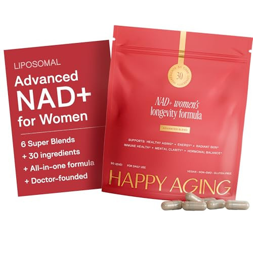 Happy Aging Longevity Supplement with Advanced NAD+ Complex, Resveratrol, CoQ10, PQQ & NMNH – 6-Blend Women’s Longevity Formula for Cellular Energy, Cognitive Clarity, Muscle Strength & Vital Aging | Amazon (US)