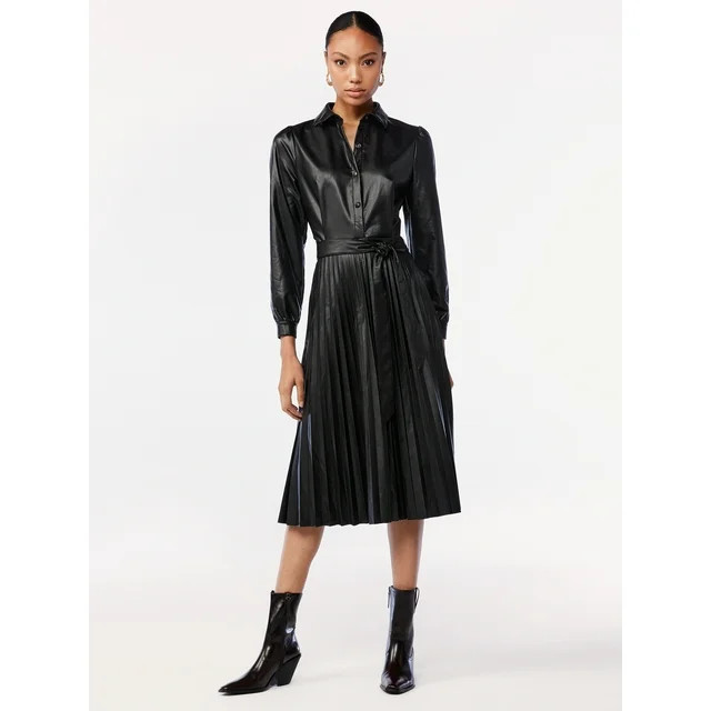 Scoop Women's Faux Leather Pleated Midi Dress, Sizes XS-XXL | Walmart (US)