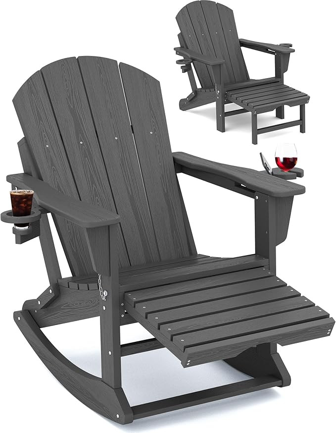 KINGYES Folding Adirondack Rocking Chair with Retractable Ottoman and Cup Holders, 4-in-1 Multifu... | Amazon (US)