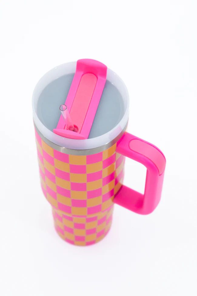 Sippin' Pretty Pink and Orange Checkered 40 oz Drink Tumbler With Lid And Straw DOORBUSTER | Pink Lily