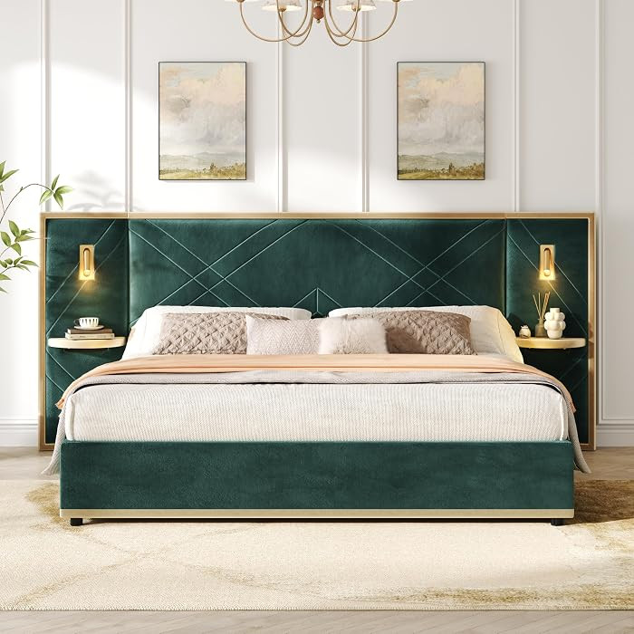 Merax King Bed Frame with 2 Built-in Led Lights and 2 Floating Storage Shelves, Luxury Velvet Uph... | Amazon (US)