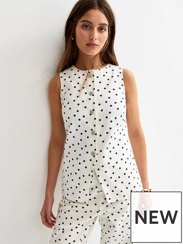 New Look Denim Polka Dot Longline Waistcoat - White | Very (UK)