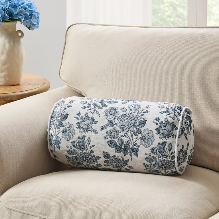Floral Toile Bolster Decorative Pillow, Blue and White, 16" x 8", by My Texas House | Walmart (US)