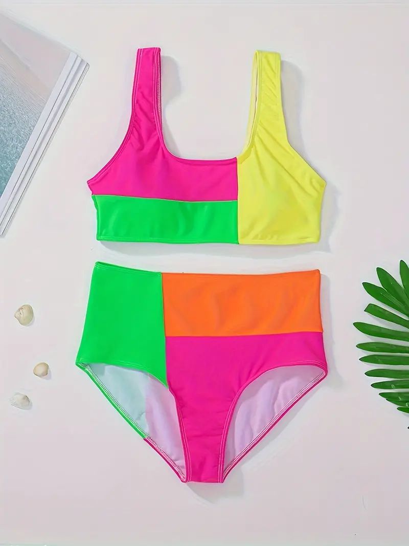 Contrast Color Beach Two Piece Set Bikini, Round Neck Stretchy High Cut Swimsuits, Women's Swimwe... | Temu Affiliate Program